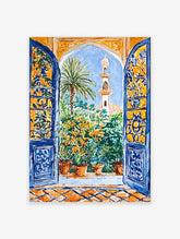 Moroccan Garden Poster showing a view through an arched blue window to a garden with a palm tree, minaret, and potted plants.