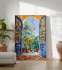 Moroccan Garden Poster showing a view through an arched blue window to a garden with a palm tree, minaret, and potted plants. - Image 3