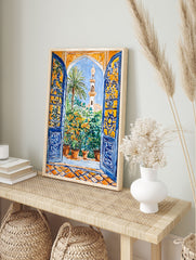 Moroccan Garden Poster showing a view through an arched blue window to a garden with a palm tree, minaret, and potted plants. - Image 4
