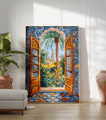 Moroccan garden poster showing an arched doorway with intricate blue and orange tiles, looking out to a palm tree and a mosque. - Image 3