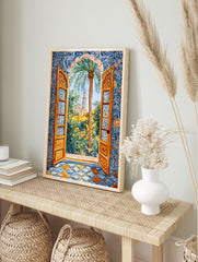 Moroccan garden poster showing an arched doorway with intricate blue and orange tiles, looking out to a palm tree and a mosque. - Image 4