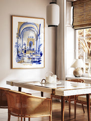 Moroccan interior wall art illustration in blue and gold, depicting a cafe scene with arches, tables, and a person. - Image 3