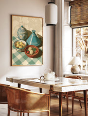 Moroccan kitchen art print with a blue tagine, lidded pot, lemons, and food on a green checkered tablecloth. - Image 2