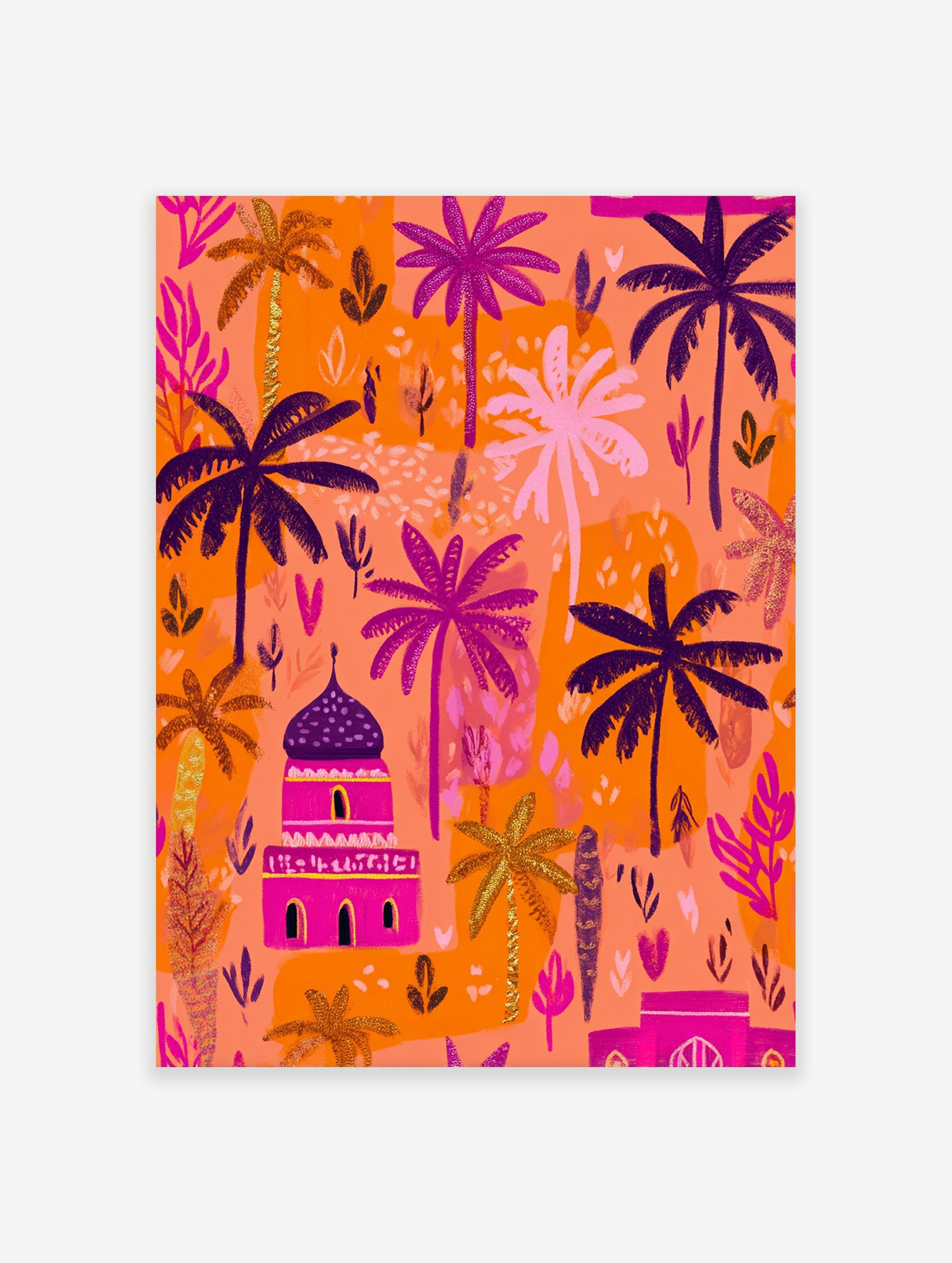 Vibrant Moroccan desert oasis poster with orange, pink, purple palm trees and a fuchsia building under a bright sky.