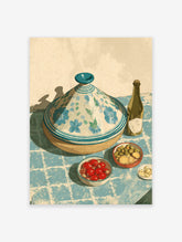 Illustrated Moroccan tagine pot with blue floral pattern, olives, tomatoes, and a bottle on a blue checkered tablecloth, kitchen decor.