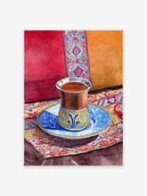 Watercolor painting of a Moroccan tea cup on a patterned rug with red and orange cushions in the background.