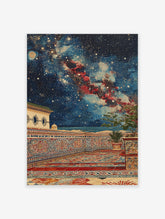 Moroccan wall art featuring an ornate balcony with Islamic patterns under a starry night sky with a moon and red nebula.