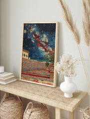 Moroccan wall art featuring an ornate balcony with Islamic patterns under a starry night sky with a moon and red nebula. - Image 3