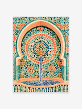 Illustrative mosaic fountain wall art with turquoise and coral geometric tile patterns and water flowing into a basin