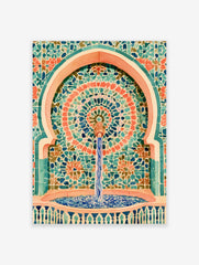 Illustrative mosaic fountain wall art with turquoise and coral geometric tile patterns and water flowing into a basin