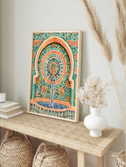 Illustrative mosaic fountain wall art with turquoise and coral geometric tile patterns and, in an alternate framed mockup