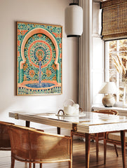 Illustrative mosaic fountain wall art with turquoise and coral geometric tile patterns and water, in a styled room mockup
