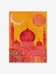 Red mosque with domes and minarets against an orange sky, with a crescent moon and Arabic calligraphy