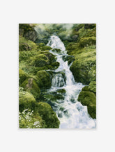 Illustrative waterfall wall art with mossy rocks, cascading water, white wildflowers, and lush forest greenery