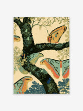 Vintage insect art print with large orange and blue moths on mossy branches