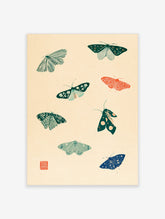 Vintage moth and butterfly art print with eight insects in green, red, blue and teal on cream paper