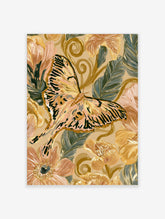 Detailed moth and iris flower botanical illustration in muted peach and green tones on a beige background