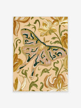 Botanical moth illustration with golden flowers and green vines on a soft beige background, illustrative wall art print