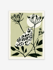 Illustrative moth botanical art print with black and white insect on a plant stem against a pale green background