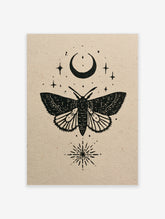 Moth illustration wall art with moon and stars, black ink on textured beige paper