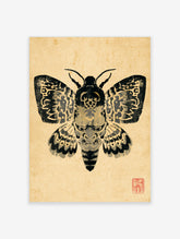 Surreal moth art print with skull-like Japanese mask face and patterned wings on tan background