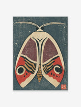 Stylised moth illustration with red, maroon, and tan wings on a dark blue-grey background, woodcut style