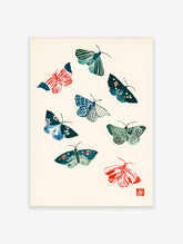 Eight woodblock-style moths in teal, blue, red and green on a cream background art print