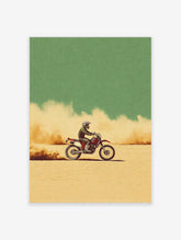 Illustrative motocross dirt bike rider on a red bike, kicking up dust in a beige desert under a green sky