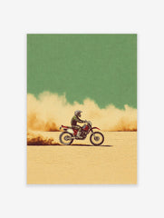 Illustrative motocross dirt bike rider on a red bike, kicking up dust in a beige desert under a green sky