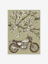 Vintage motorcycle parked under blooming cherry blossom tree in illustrative green, white, and brown print