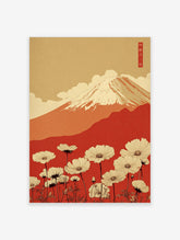 Illustrative print of Mount Fuji with snow, red hills, white cosmos flowers, beige sky, and Japanese text