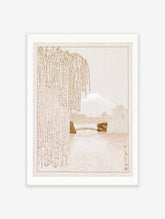 Japanese landscape art print featuring Mount Fuji, a willow tree, and a bridge in a beige monochromatic style
