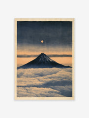 Japanese art print of Mount Fuji rising above clouds with a glowing full moon in a deep blue and peach sky