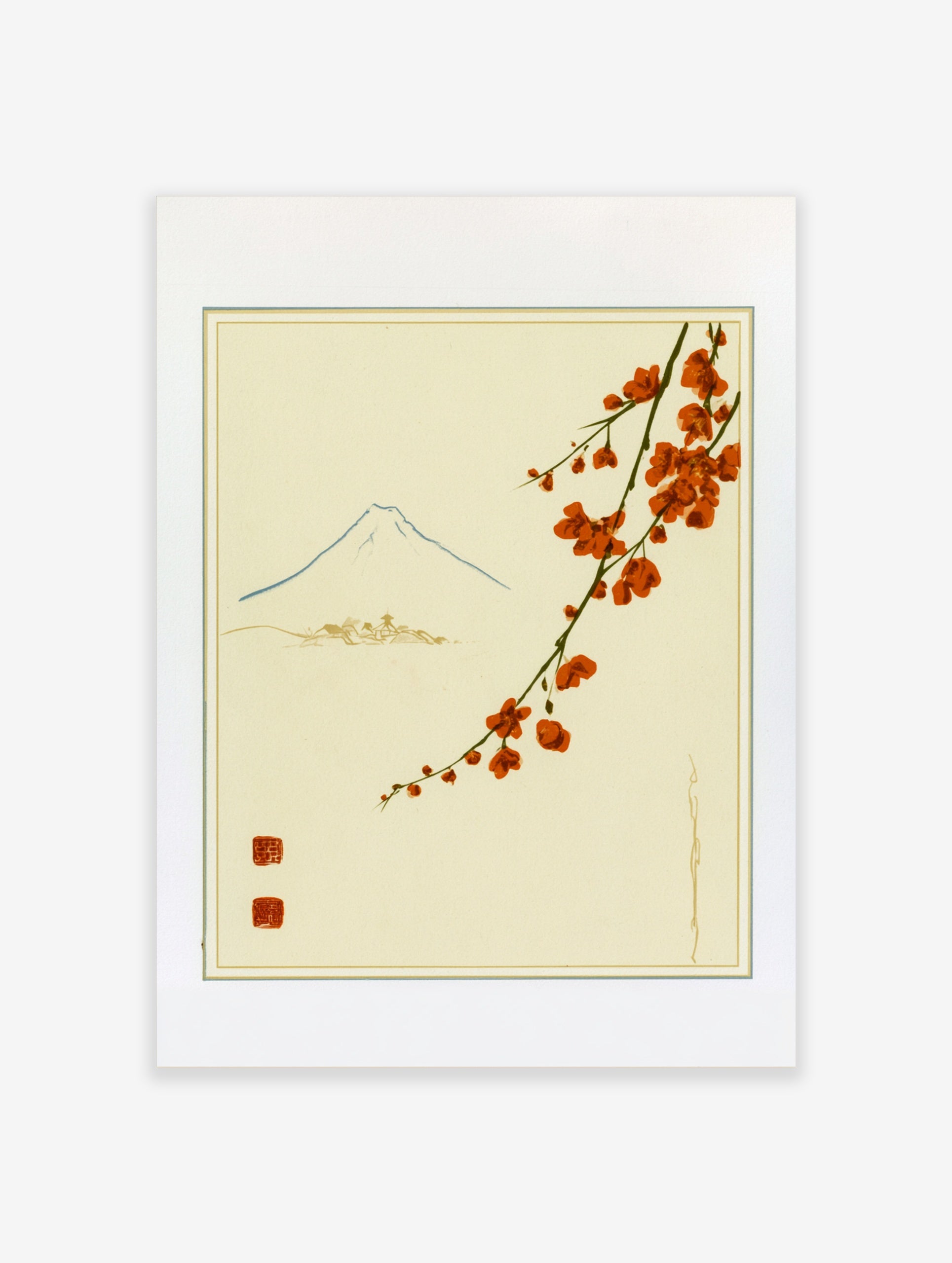 Japanese-style Mount Fuji illustration with red blossoms and red stamps on a cream background, unframed paper art print