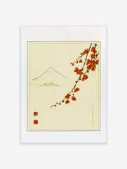 Japanese-style Mount Fuji illustration with red blossoms and red stamps on a cream background, unframed paper art print