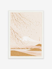 Japanese-style wall art print with gold Mount Fuji and white cherry blossoms on a soft beige background