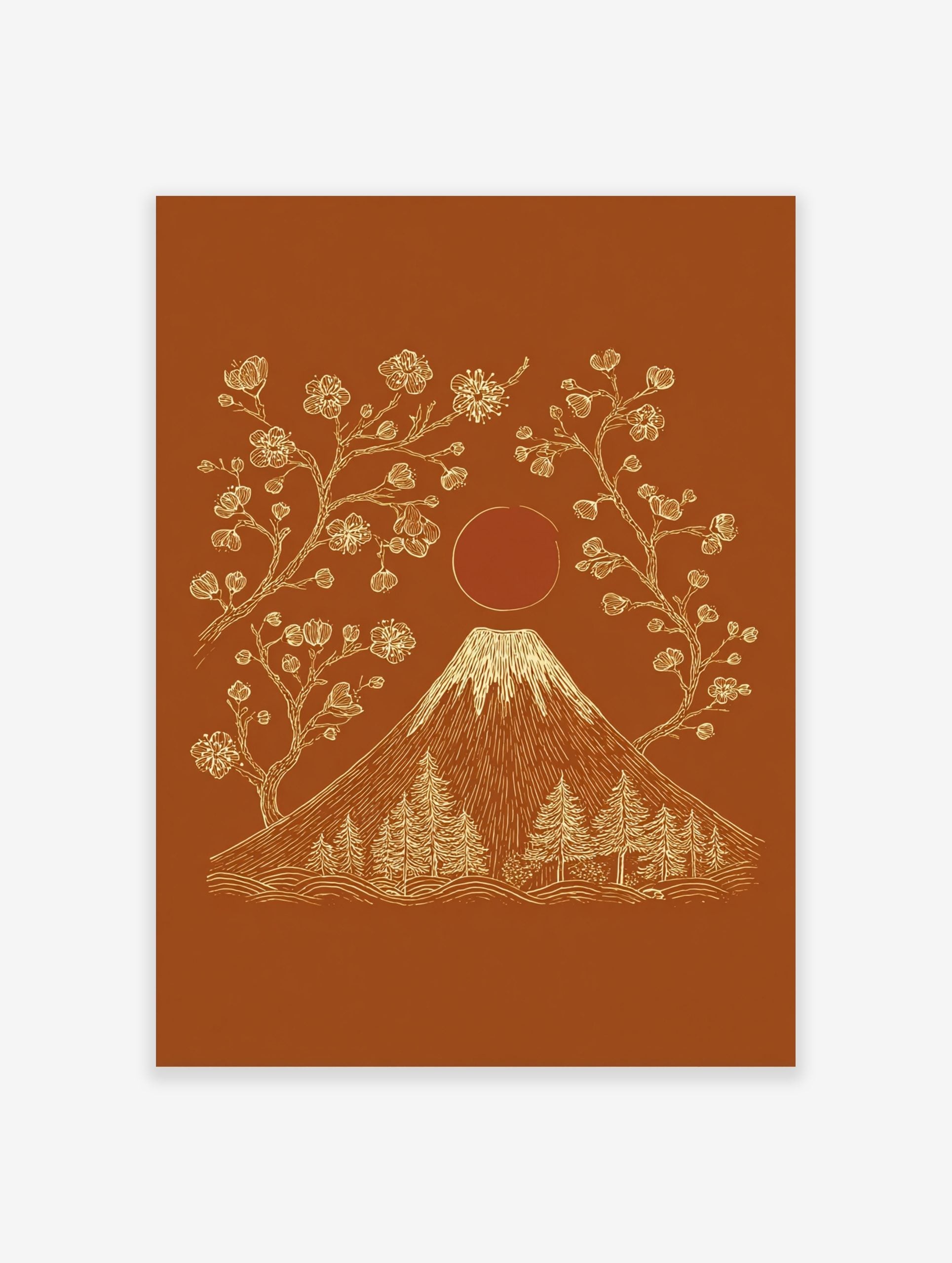 Illustrative Mount Fuji with snow-capped peak, cherry blossoms, pine trees, and red sun on terracotta background