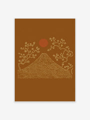 Illustrative Mount Fuji with cherry blossom trees and red sun on an ochre background in a Japanese style