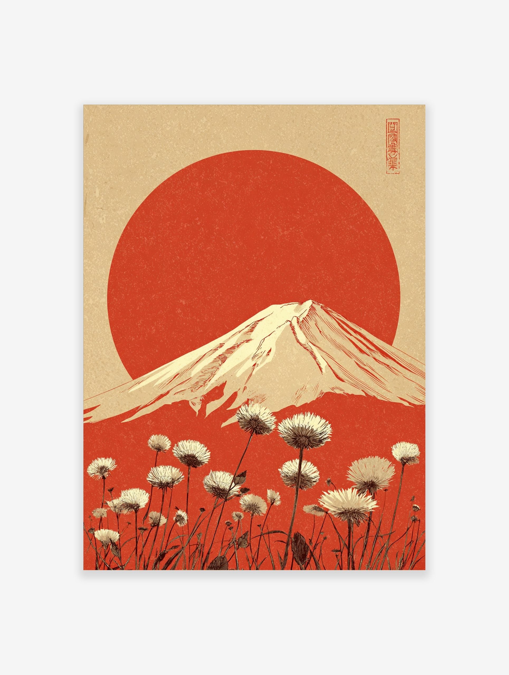 Illustrative Mount Fuji with red sun and white dandelion flowers against a textured beige and red background
