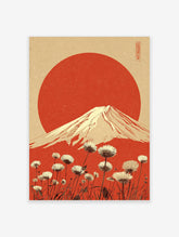 Illustrative Mount Fuji with red sun and white dandelion flowers against a textured beige and red background