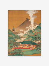 Japanese volcano poster depicting Mount Fuji erupting with lava and smoke, alongside traditional pagodas and green hills.