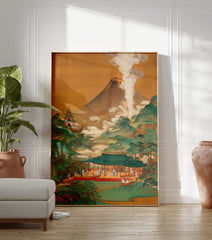 Japanese volcano poster depicting Mount Fuji erupting with lava and smoke, alongside traditional pagodas and green hills. - Image 3