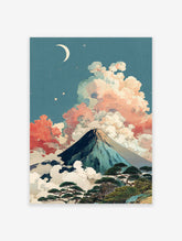 Ukiyo-e style Japanese Wall Art print of Mount Fuji at night with a crescent moon, colorful clouds, and pine trees.