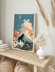 Ukiyo-e style Japanese Wall Art print of Mount Fuji at night with a crescent moon, colorful clouds, and pine trees. - Image 3