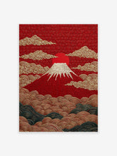 Textured Mount Fuji poster with a red sun, golden clouds, and stylized waves in traditional Japanese art style.