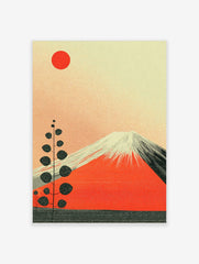 Mount Fuji in red with white snowcaps, a red sun, and a tall stylised plant on a textured cream background