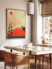 Mount Fuji in red with white snowcaps, a red sun, and a tall stylised plant on a textured cream, in a styled room mockup