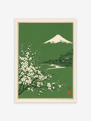 Japanese landscape art print with Mount Fuji, white blossoms, and a village on a green background