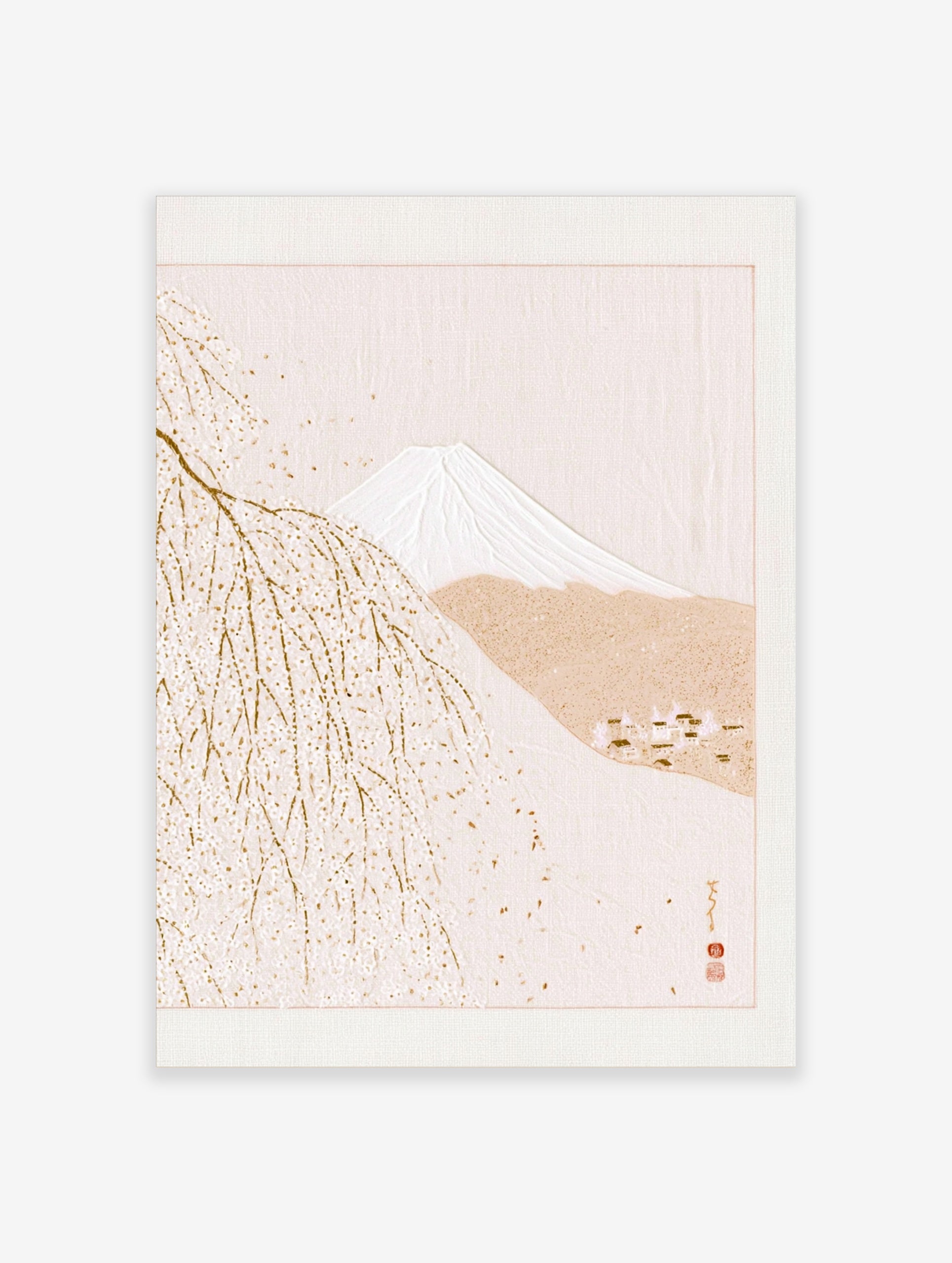 Minimalist Mount Fuji landscape with weeping cherry tree and Japanese seals in cream and beige tones