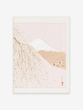 Minimalist Mount Fuji landscape with weeping cherry tree and Japanese seals in cream and beige tones